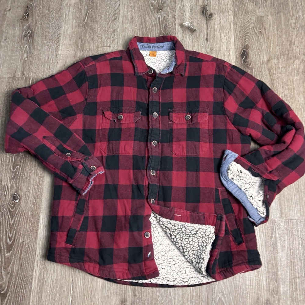 TAILOR VINTAGE Men's L Red Black Plaid Flannel Shirt Jacket Sherpa Lining